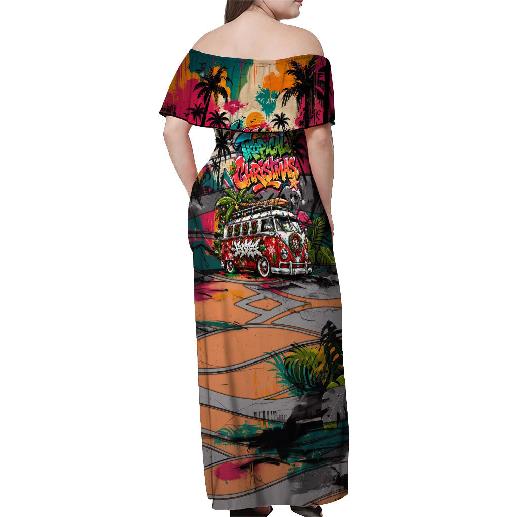 Tropical Christmas In July Candy Cane Surf Off Shoulder Maxi Dress Vibrant Street Art Beach Graffiti Graphic