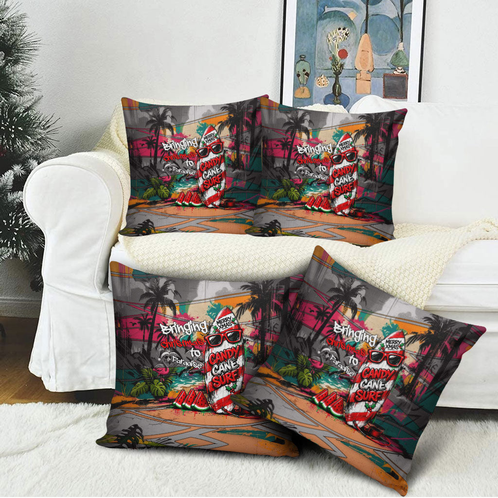 Tropical Christmas In July Candy Cane Surf Pillow Cover Vibrant Street Art Beach Graffiti Graphic