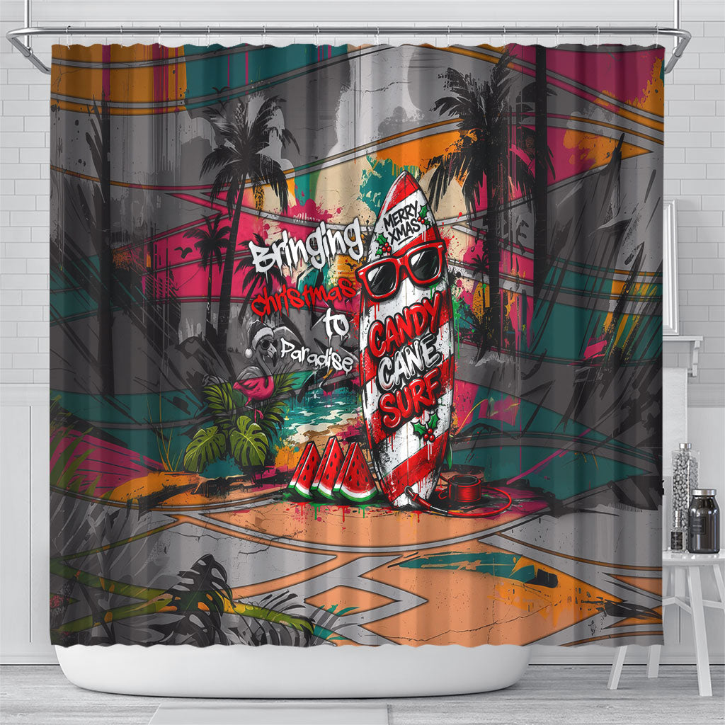 Tropical Christmas In July Candy Cane Surf Shower Curtain Vibrant Street Art Beach Graffiti Graphic