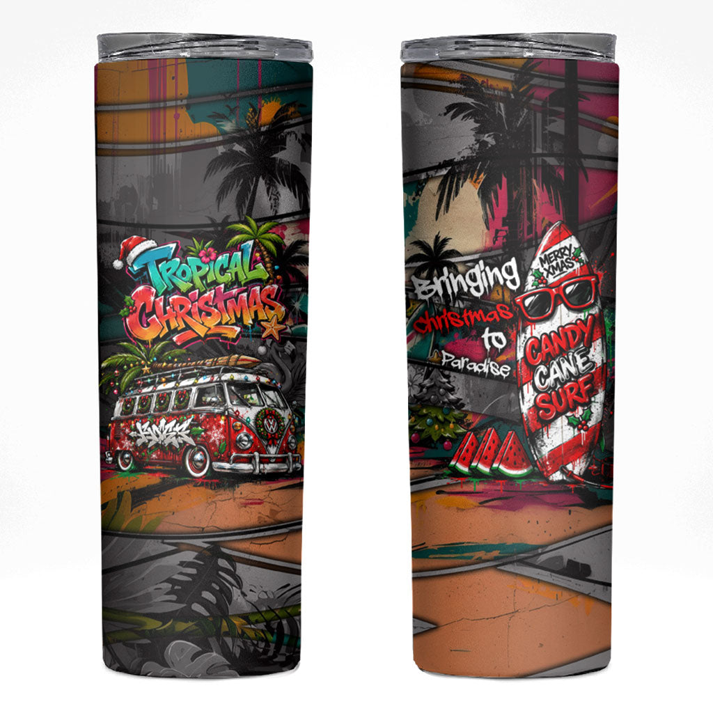 Tropical Christmas In July Candy Cane Surf Skinny Tumbler Vibrant Street Art Beach Graffiti Graphic