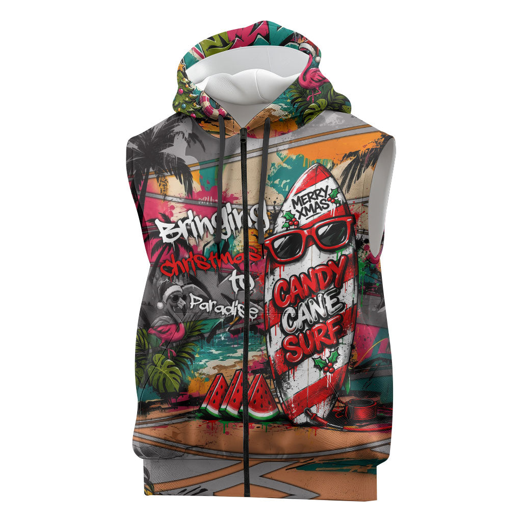 Tropical Christmas In July Candy Cane Surf Sleeveless Zip Hoodie Vibrant Street Art Beach Graffiti Graphic TS04 Orange Grey - Polynesian Pride