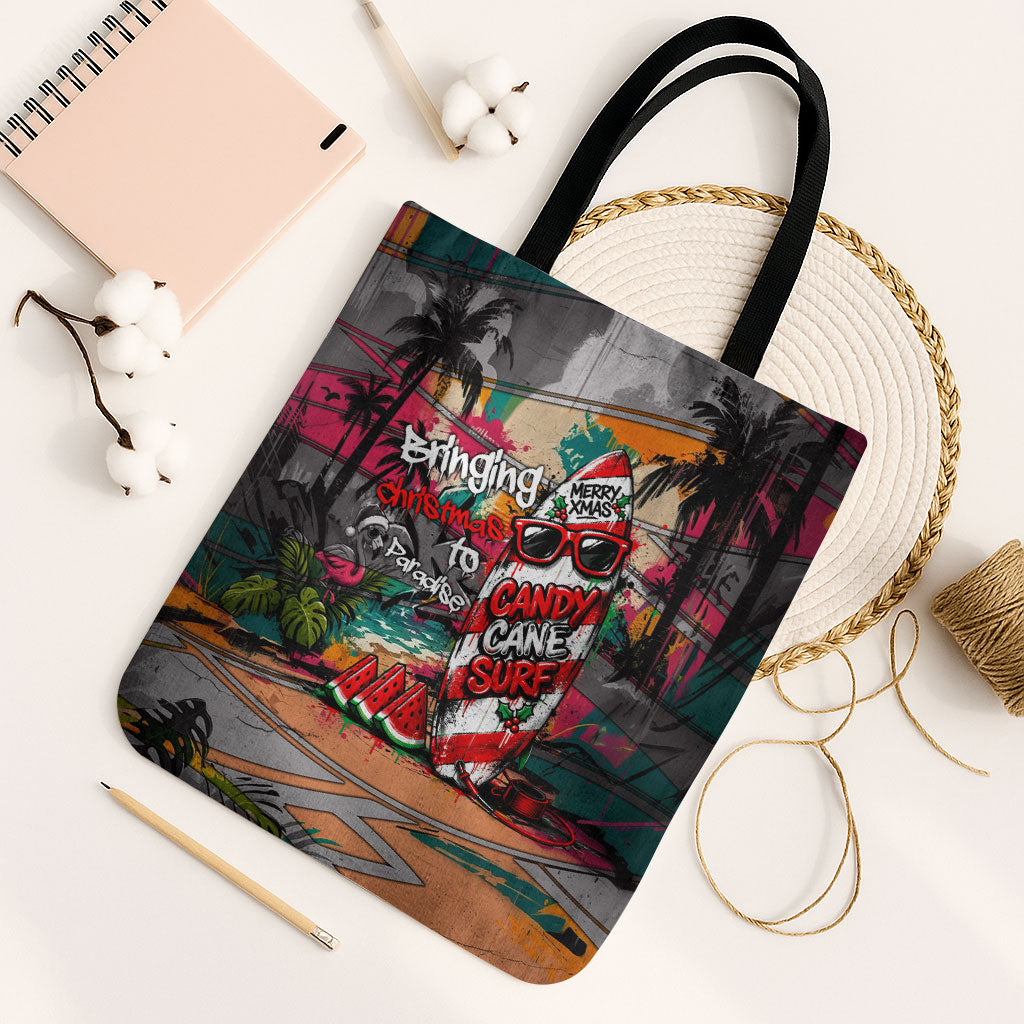 Tropical Christmas In July Candy Cane Surf Tote Bag Vibrant Street Art Beach Graffiti Graphic