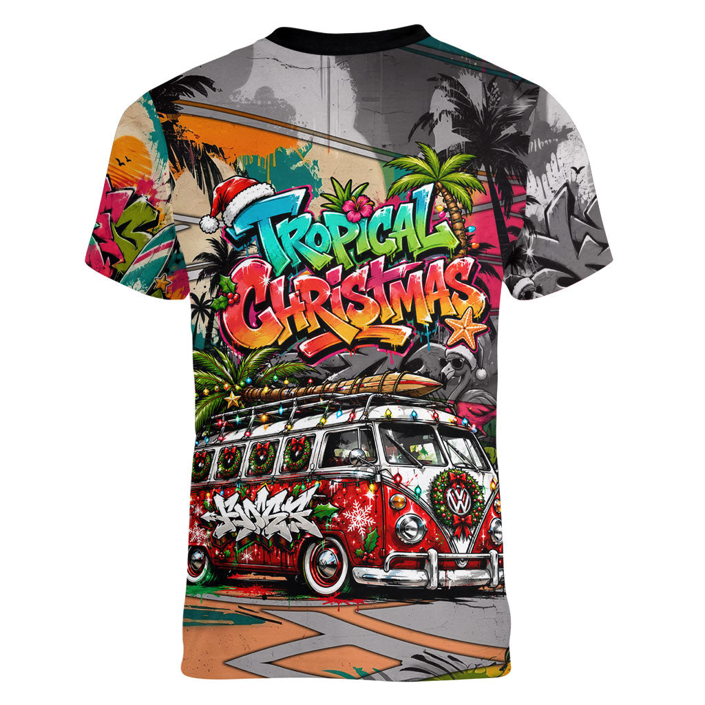 Tropical Christmas In July Candy Cane Surf Women V-Neck T-Shirt Vibrant Street Art Beach Graffiti Graphic