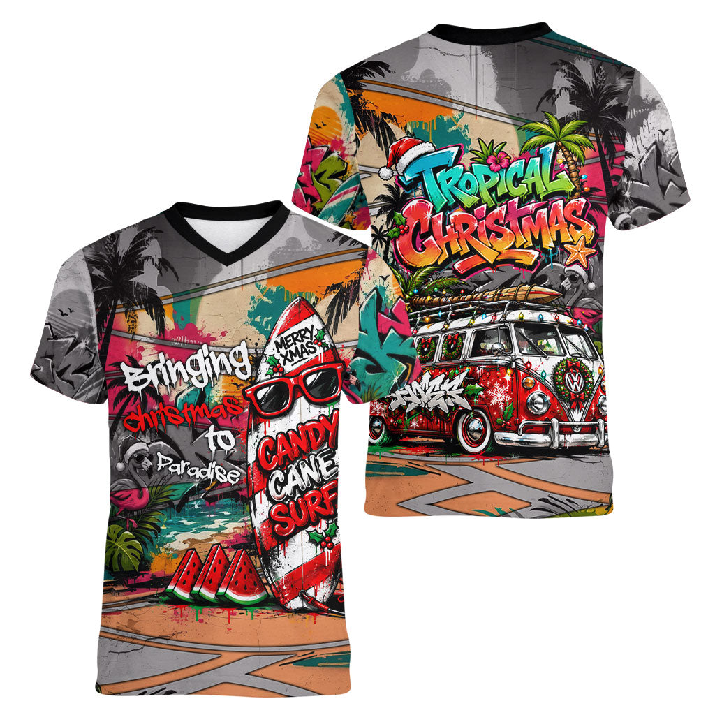 Tropical Christmas In July Candy Cane Surf Women V-Neck T-Shirt Vibrant Street Art Beach Graffiti Graphic