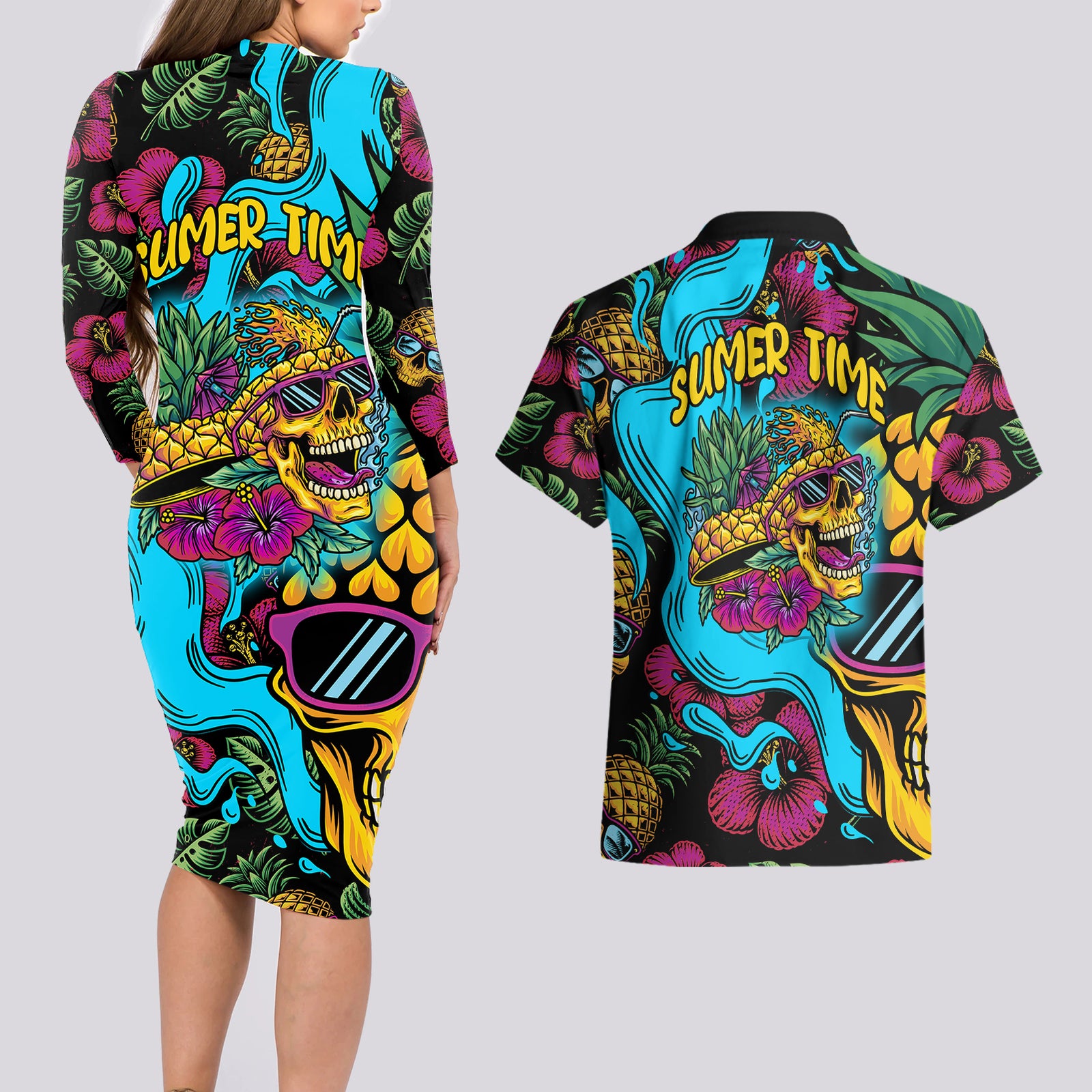 Pineapple Skull Couples Matching Long Sleeve Bodycon Dress and Hawaiian Shirt Sumer Time TS04 Multicolor - Polynesian Pride