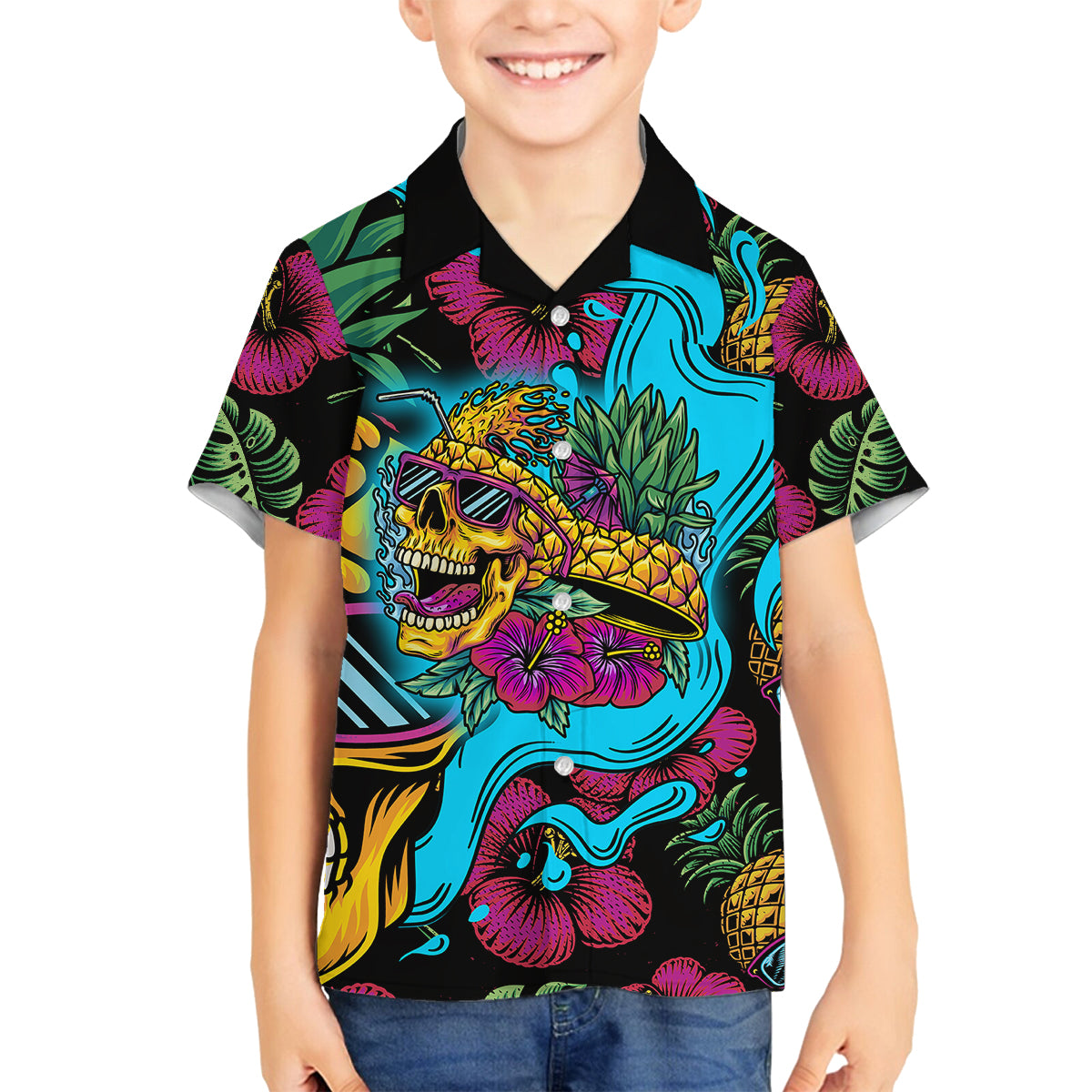 Pineapple Skull Family Matching Long Sleeve Bodycon Dress and Hawaiian Shirt Sumer Time TS04 Son's Shirt Multicolor - Polynesian Pride