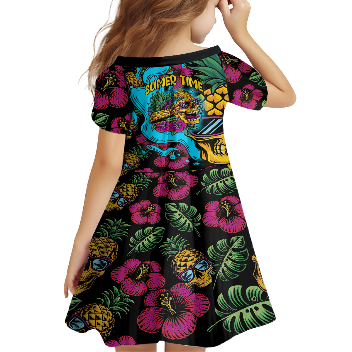 Pineapple Skull Family Matching Off Shoulder Long Sleeve Dress and Hawaiian Shirt Sumer Time TS04 - Polynesian Pride