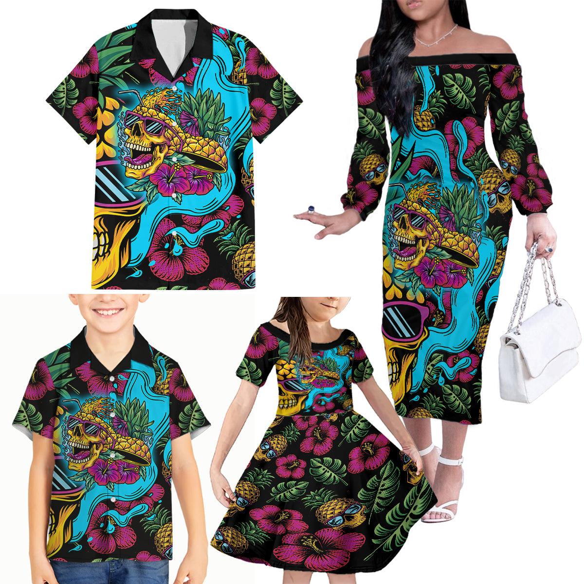 Pineapple Skull Family Matching Off Shoulder Long Sleeve Dress and Hawaiian Shirt Sumer Time TS04 - Polynesian Pride