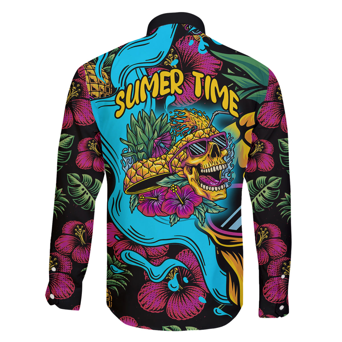 Pineapple Skull Family Matching Off Shoulder Long Sleeve Dress and Hawaiian Shirt Sumer Time TS04 - Polynesian Pride