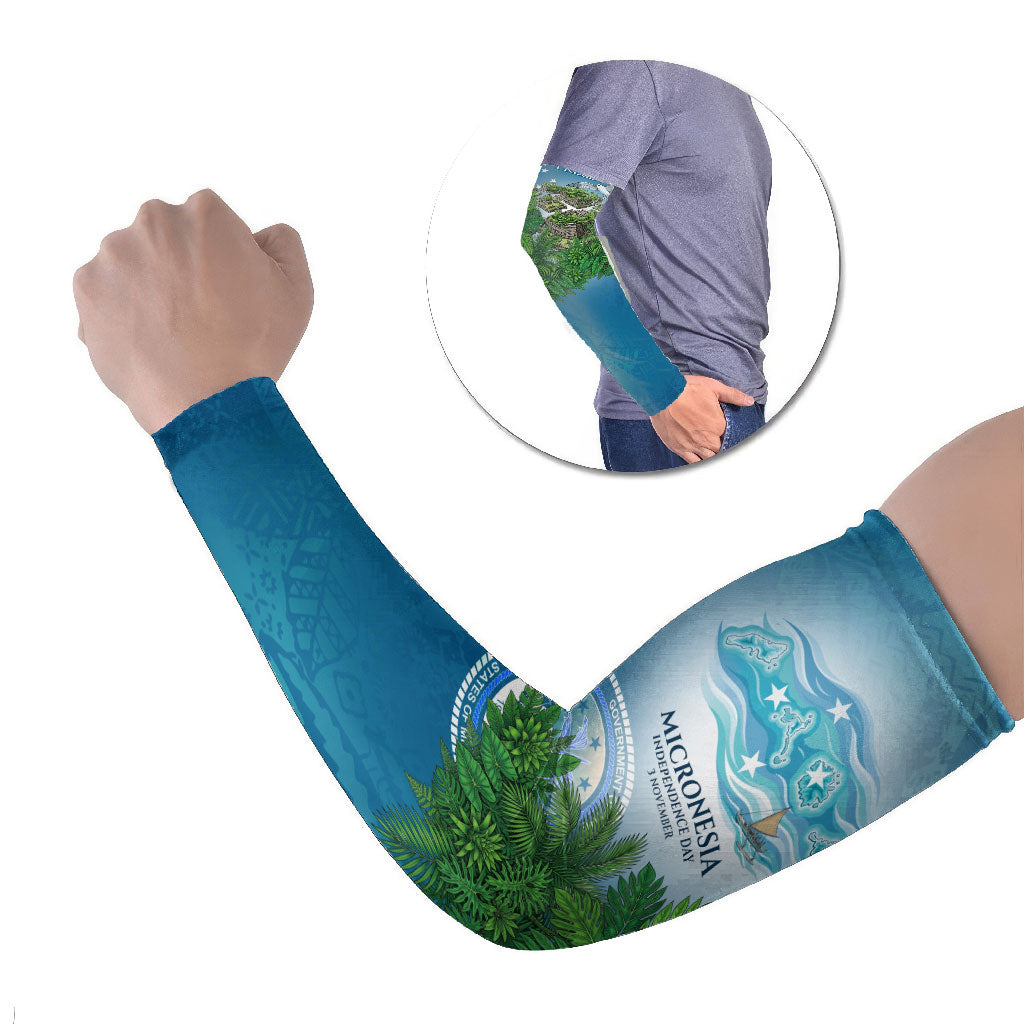 Micronesia Independence Day Arm Sleeves FSM Patriotic Pacific Island Nan Madol Ruins Seabird Tropical TS04 Set of 2 Blue Green - Polynesian Pride