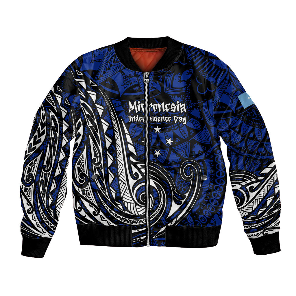 Micronesia Independence Day FSM Bomber Jacket Tribal Tattoo Pattern Flag Seal Heritage TS04 Unisex Blue Black - Polynesian Pride