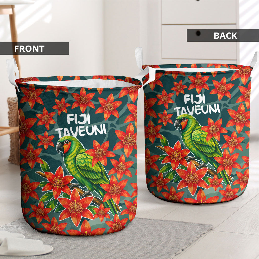 Fiji Taveuni Parrot Laundry Basket Tropical Waterfall Landscape With Floral Tribal Pattern TS04 - Polynesian Pride
