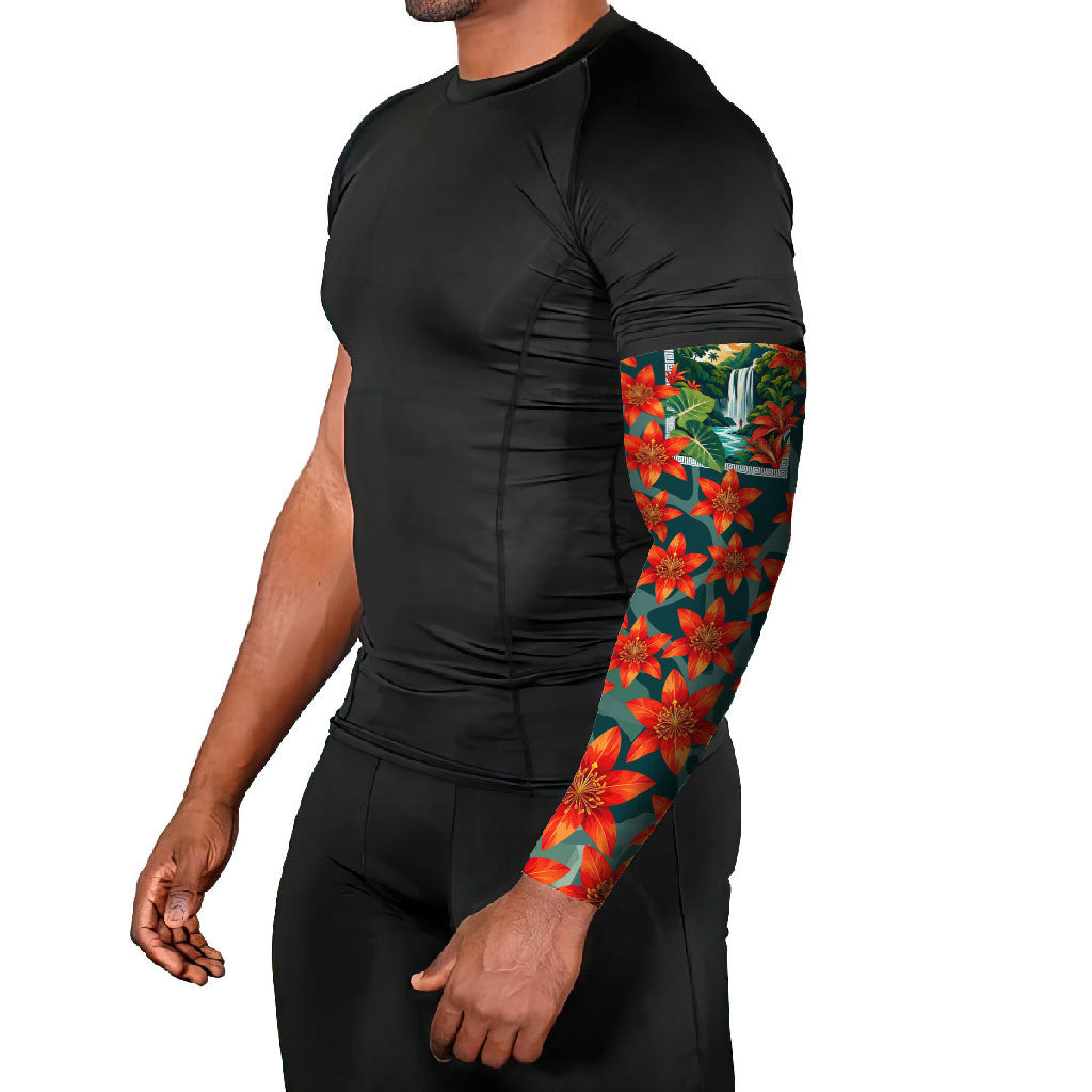 Fiji Taveuni Parrot Arm Sleeves Tropical Waterfall Landscape With Floral Tribal Pattern TS04 - Polynesian Pride