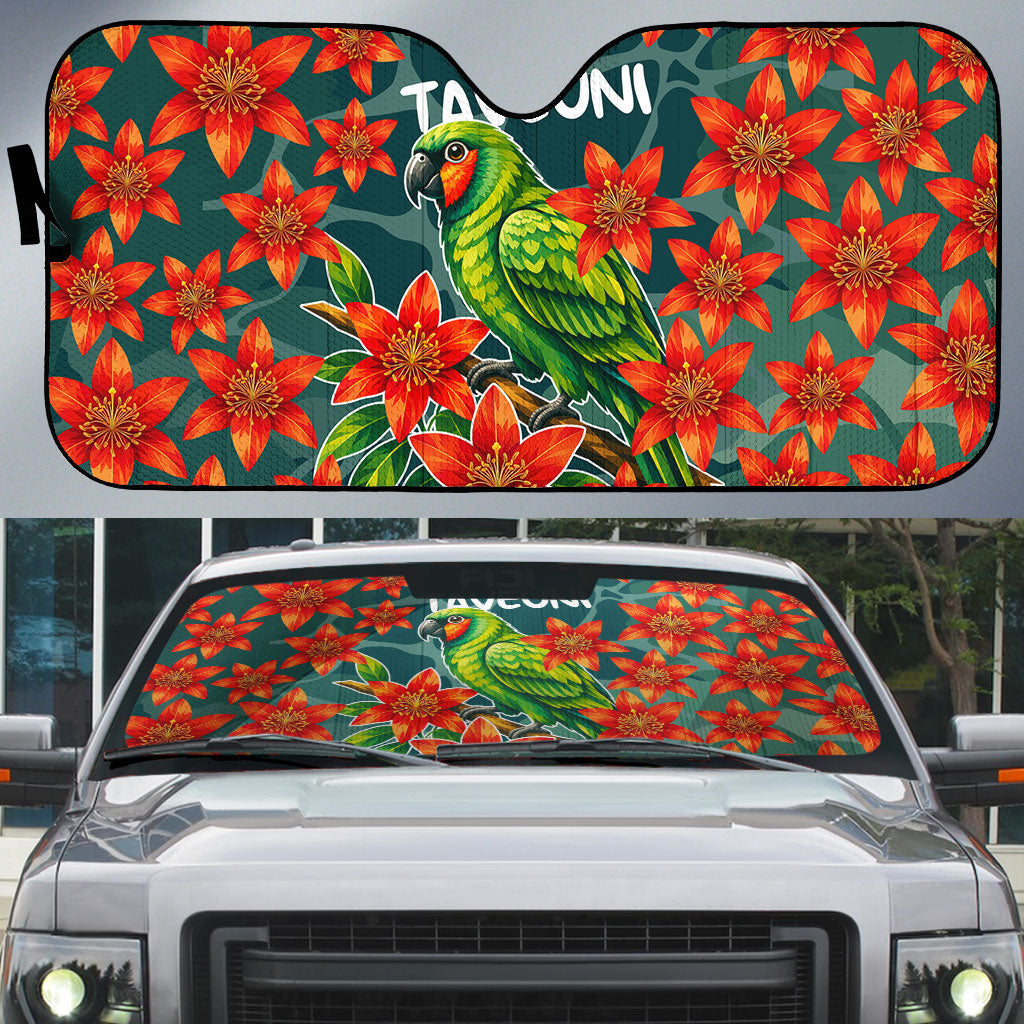Fiji Taveuni Parrot Auto Sun Shade Tropical Waterfall Landscape With Floral Tribal Pattern