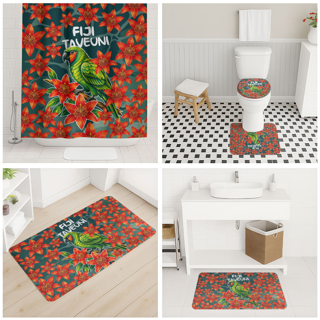 Fiji Taveuni Parrot Bathroom Set Tropical Waterfall Landscape With Floral Tribal Pattern TS04 - Polynesian Pride