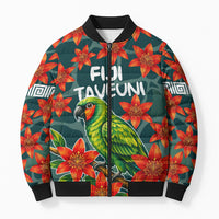 Fiji Taveuni Parrot Bomber Puffer Jacket Tropical Waterfall Landscape With Floral Tribal Pattern TS04 Unisex Green Orange - Polynesian Pride