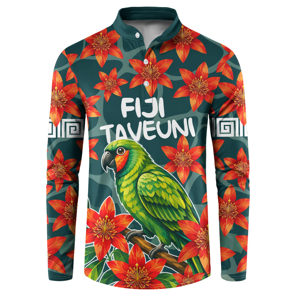 Fiji Taveuni Parrot Button Sweatshirt Tropical Waterfall Landscape With Floral Tribal Pattern