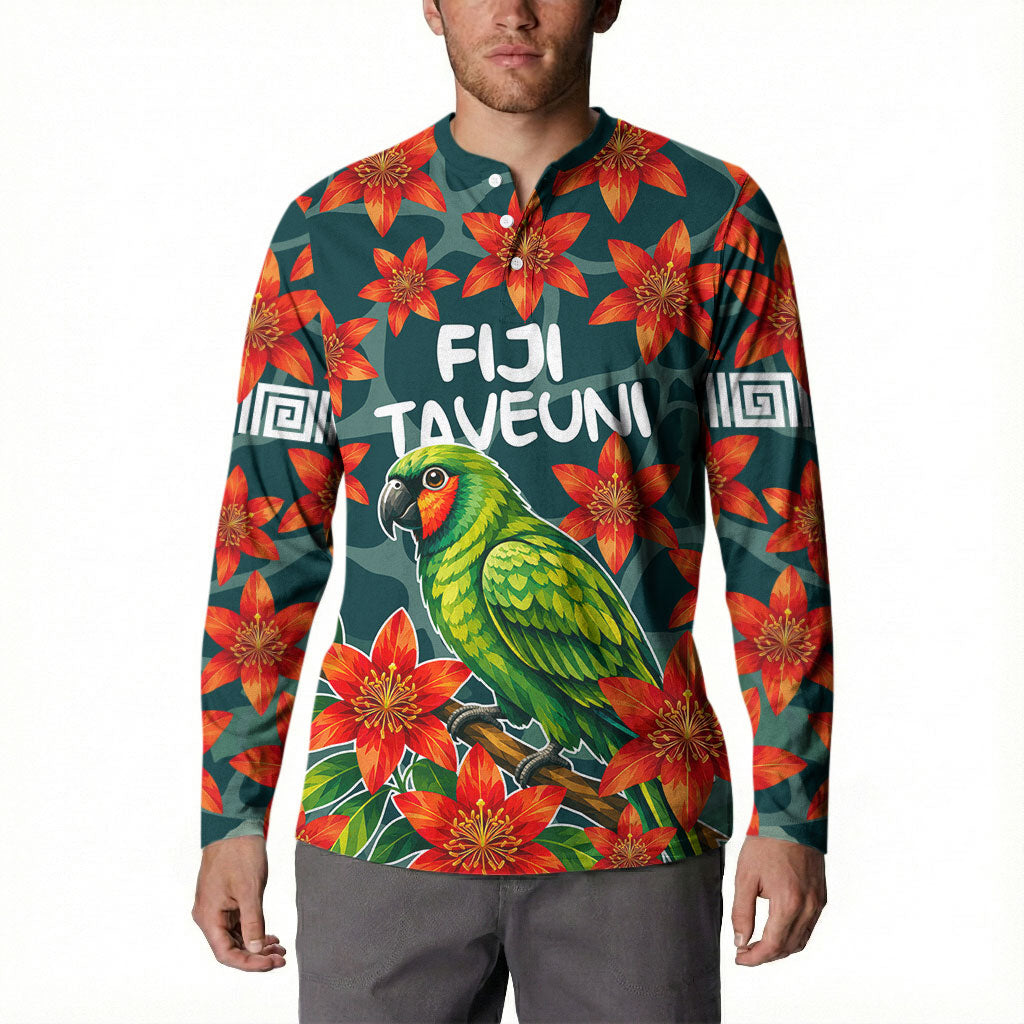 Fiji Taveuni Parrot Button Sweatshirt Tropical Waterfall Landscape With Floral Tribal Pattern TS04 - Polynesian Pride