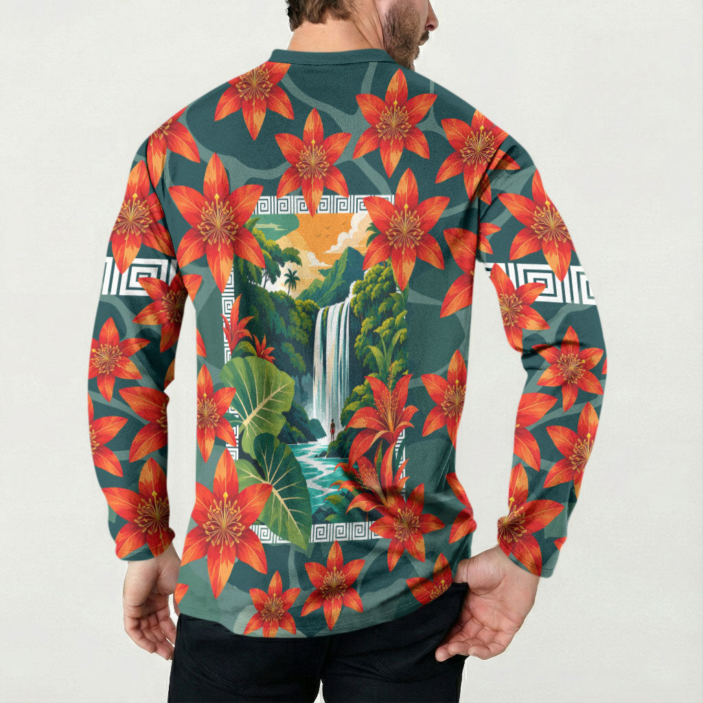 Fiji Taveuni Parrot Button Sweatshirt Tropical Waterfall Landscape With Floral Tribal Pattern TS04 - Polynesian Pride