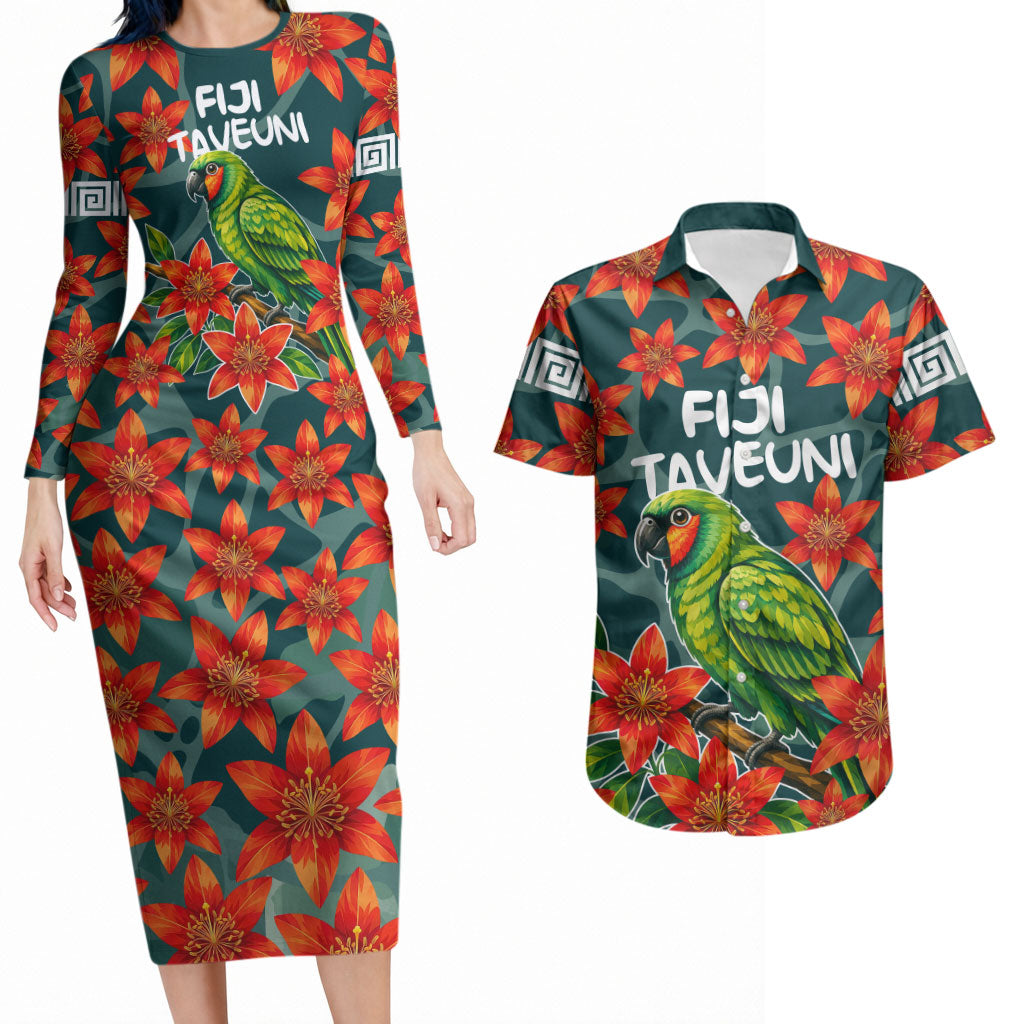 Fiji Taveuni Parrot Couples Matching Long Sleeve Bodycon Dress and Hawaiian Shirt Tropical Waterfall Landscape With Floral Tribal Pattern TS04 Green Orange - Polynesian Pride