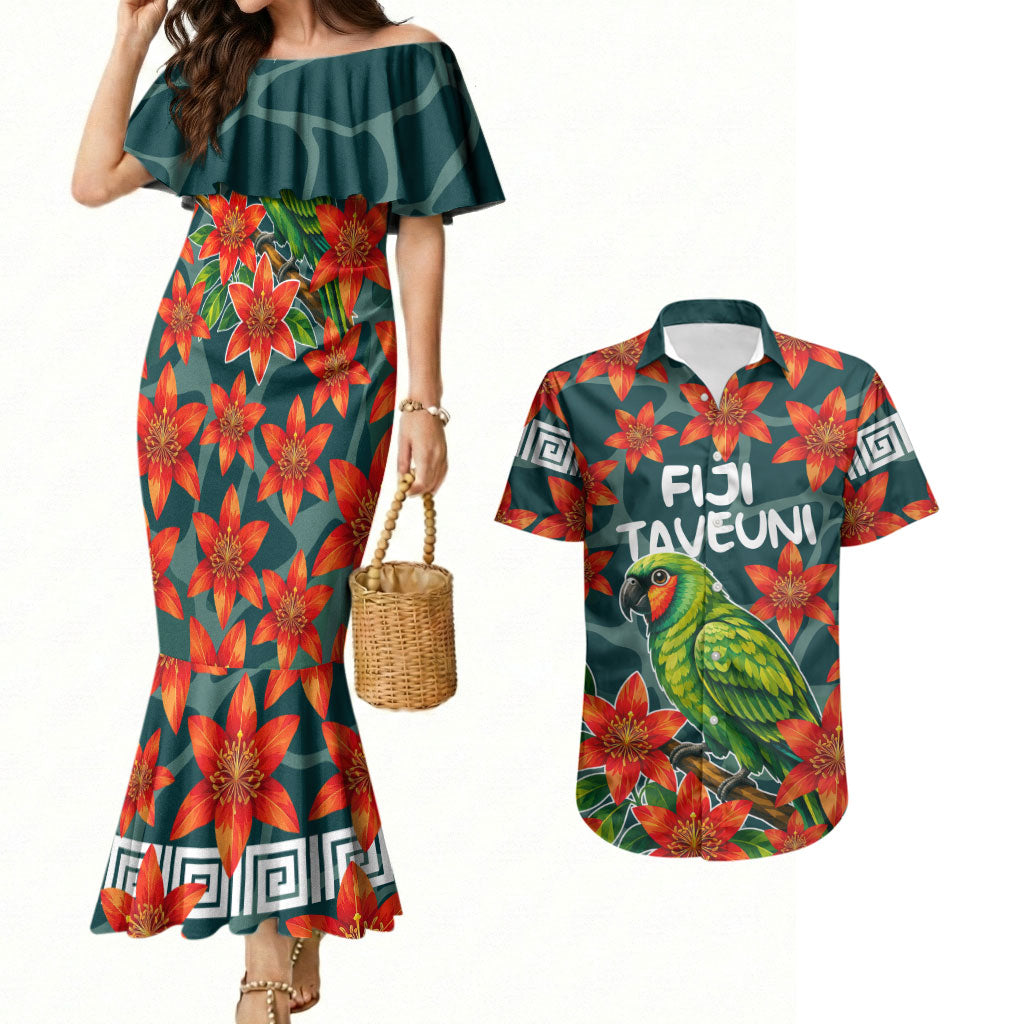 Fiji Taveuni Parrot Couples Matching Mermaid Dress and Hawaiian Shirt Tropical Waterfall Landscape With Floral Tribal Pattern