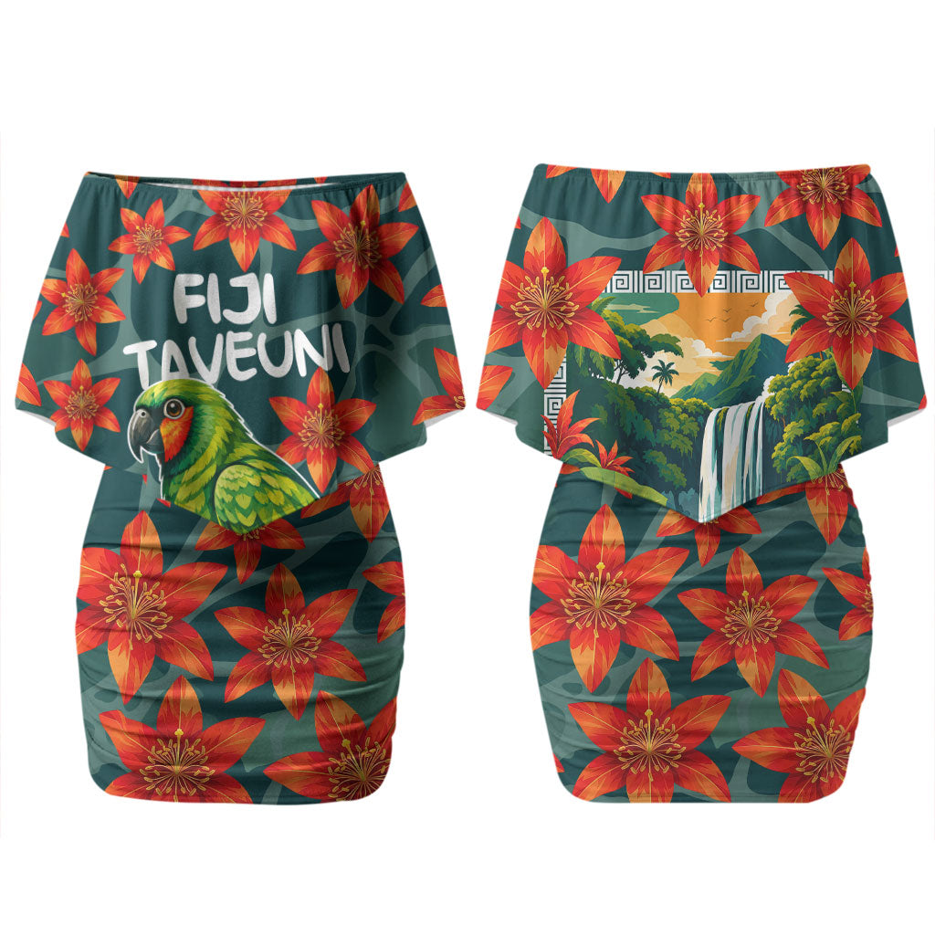 Fiji Taveuni Parrot Couples Matching Off Shoulder Short Dress and Hawaiian Shirt Tropical Waterfall Landscape With Floral Tribal Pattern TS04 - Polynesian Pride