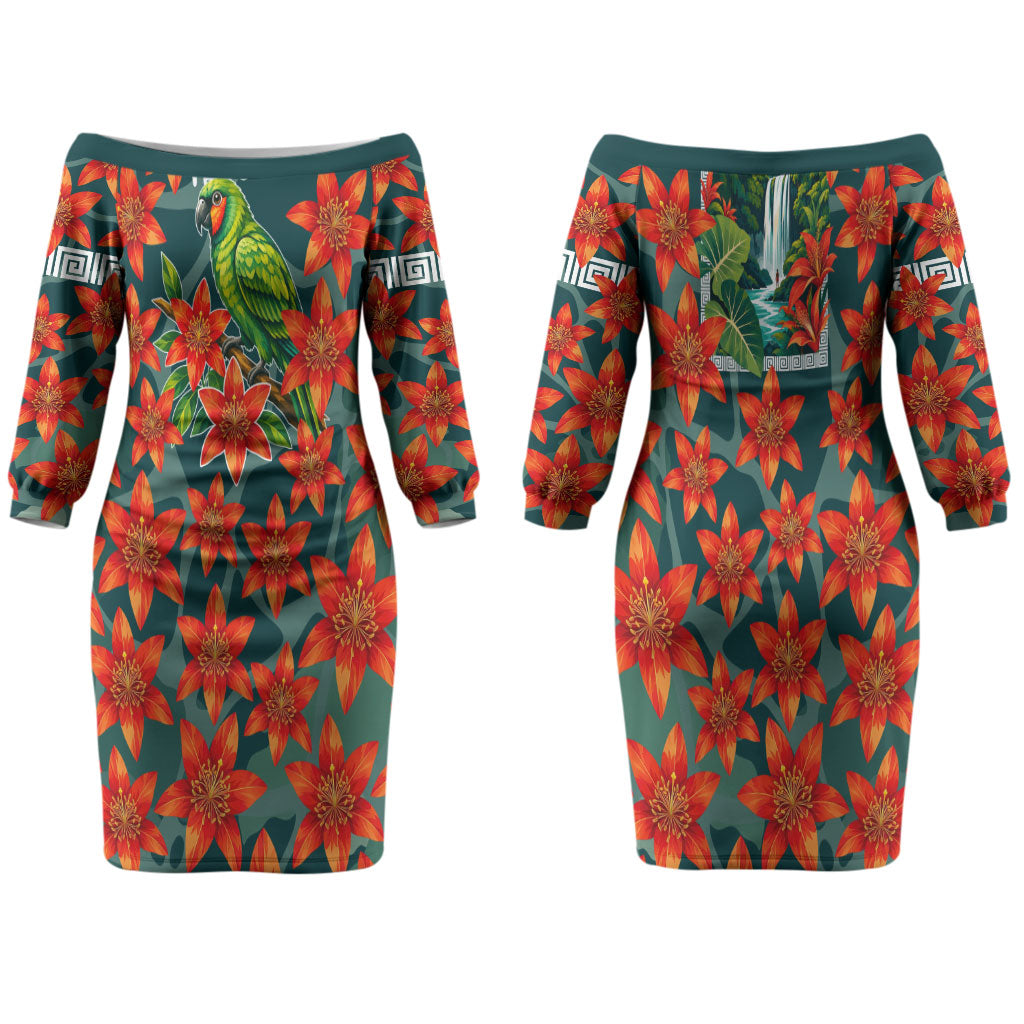 Fiji Taveuni Parrot Couples Matching Off The Shoulder Long Sleeve Dress and Long Sleeve Button Shirt Tropical Waterfall Landscape With Floral Tribal Pattern TS04 - Polynesian Pride