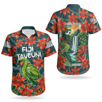 Fiji Taveuni Parrot Couples Matching Puletasi and Hawaiian Shirt Tropical Waterfall Landscape With Floral Tribal Pattern TS04 - Polynesian Pride