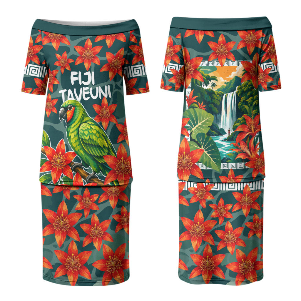 Fiji Taveuni Parrot Couples Matching Puletasi and Hawaiian Shirt Tropical Waterfall Landscape With Floral Tribal Pattern TS04 - Polynesian Pride