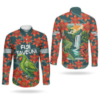 Fiji Taveuni Parrot Couples Matching Puletasi and Long Sleeve Button Shirt Tropical Waterfall Landscape With Floral Tribal Pattern TS04 - Polynesian Pride