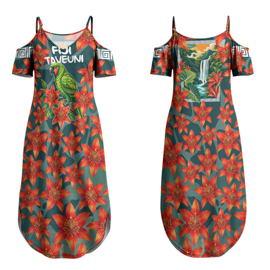 Fiji Taveuni Parrot Couples Matching Summer Maxi Dress and Long Sleeve Button Shirt Tropical Waterfall Landscape With Floral Tribal Pattern TS04 - Polynesian Pride