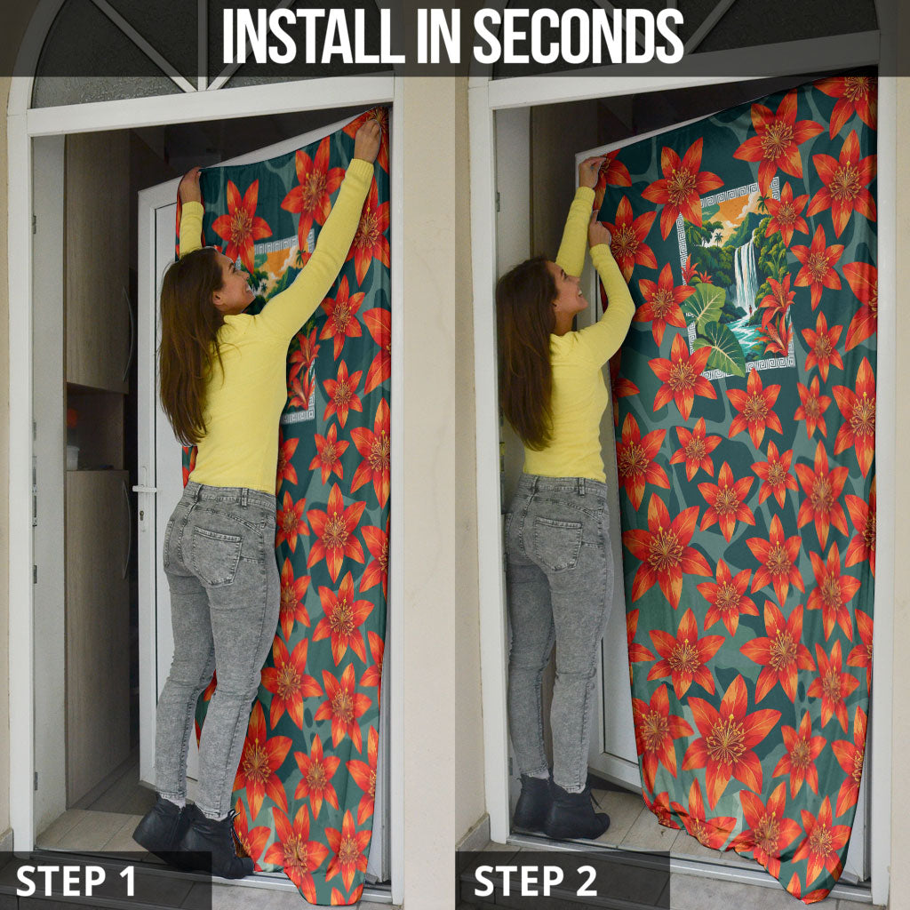 Fiji Taveuni Parrot Door Cover Tropical Waterfall Landscape With Floral Tribal Pattern TS04 - Polynesian Pride