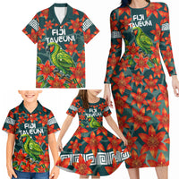 Fiji Taveuni Parrot Family Matching Long Sleeve Bodycon Dress and Hawaiian Shirt Tropical Waterfall Landscape With Floral Tribal Pattern TS04 - Polynesian Pride