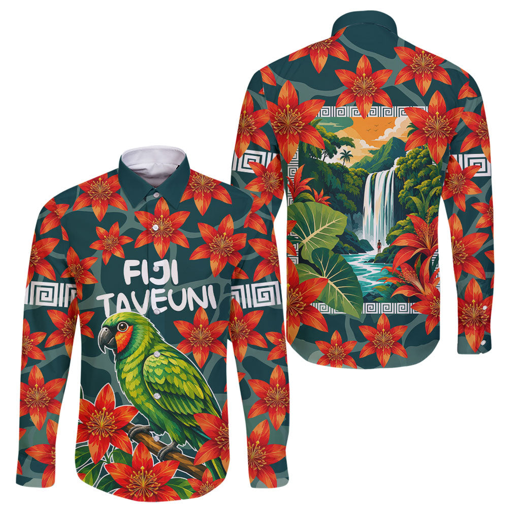 Fiji Taveuni Parrot Family Matching Long Sleeve Bodycon Dress and Hawaiian Shirt Tropical Waterfall Landscape With Floral Tribal Pattern TS04 Dad's Shirt - Long Sleeve Green Orange - Polynesian Pride