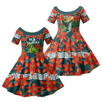 Fiji Taveuni Parrot Family Matching Long Sleeve Bodycon Dress and Hawaiian Shirt Tropical Waterfall Landscape With Floral Tribal Pattern TS04 Daughter's Dress Green Orange - Polynesian Pride