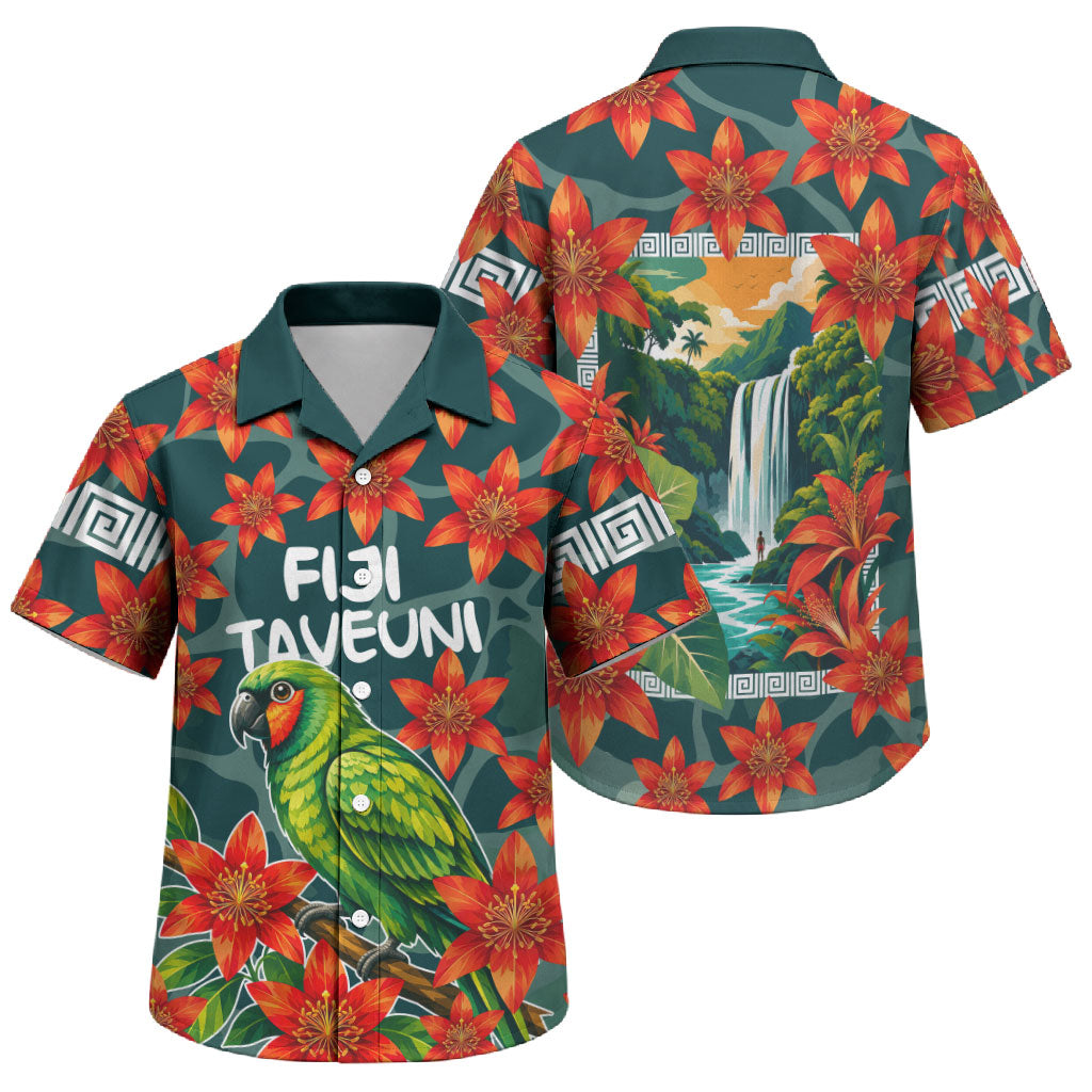 Fiji Taveuni Parrot Family Matching Long Sleeve Bodycon Dress and Hawaiian Shirt Tropical Waterfall Landscape With Floral Tribal Pattern TS04 Son's Shirt Green Orange - Polynesian Pride