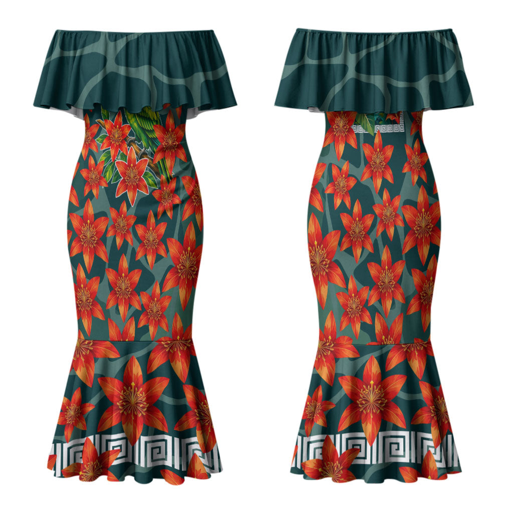 Fiji Taveuni Parrot Family Matching Mermaid Dress and Hawaiian Shirt Tropical Waterfall Landscape With Floral Tribal Pattern TS04 Mom's Dress Green Orange - Polynesian Pride