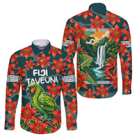 Fiji Taveuni Parrot Family Matching Off The Shoulder Long Sleeve Dress and Hawaiian Shirt Tropical Waterfall Landscape With Floral Tribal Pattern TS04 Dad's Shirt - Long Sleeve Green Orange - Polynesian Pride
