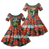 Fiji Taveuni Parrot Family Matching Off The Shoulder Long Sleeve Dress and Hawaiian Shirt Tropical Waterfall Landscape With Floral Tribal Pattern TS04 Daughter's Dress Green Orange - Polynesian Pride