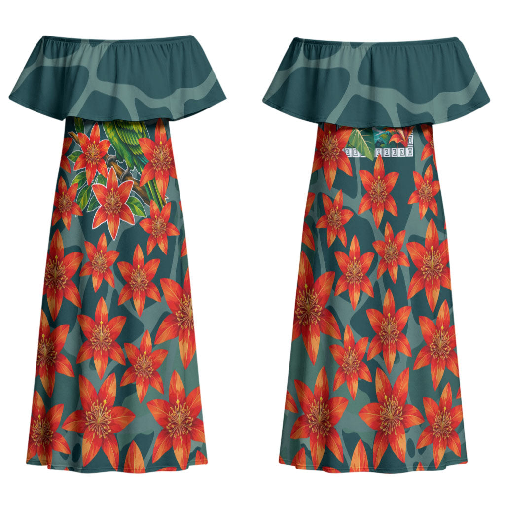 Fiji Taveuni Parrot Family Matching Off Shoulder Maxi Dress and Hawaiian Shirt Tropical Waterfall Landscape With Floral Tribal Pattern TS04 Mom's Dress Green Orange - Polynesian Pride