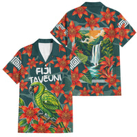 Fiji Taveuni Parrot Family Matching Off Shoulder Maxi Dress and Hawaiian Shirt Tropical Waterfall Landscape With Floral Tribal Pattern TS04 Dad's Shirt - Short Sleeve Green Orange - Polynesian Pride