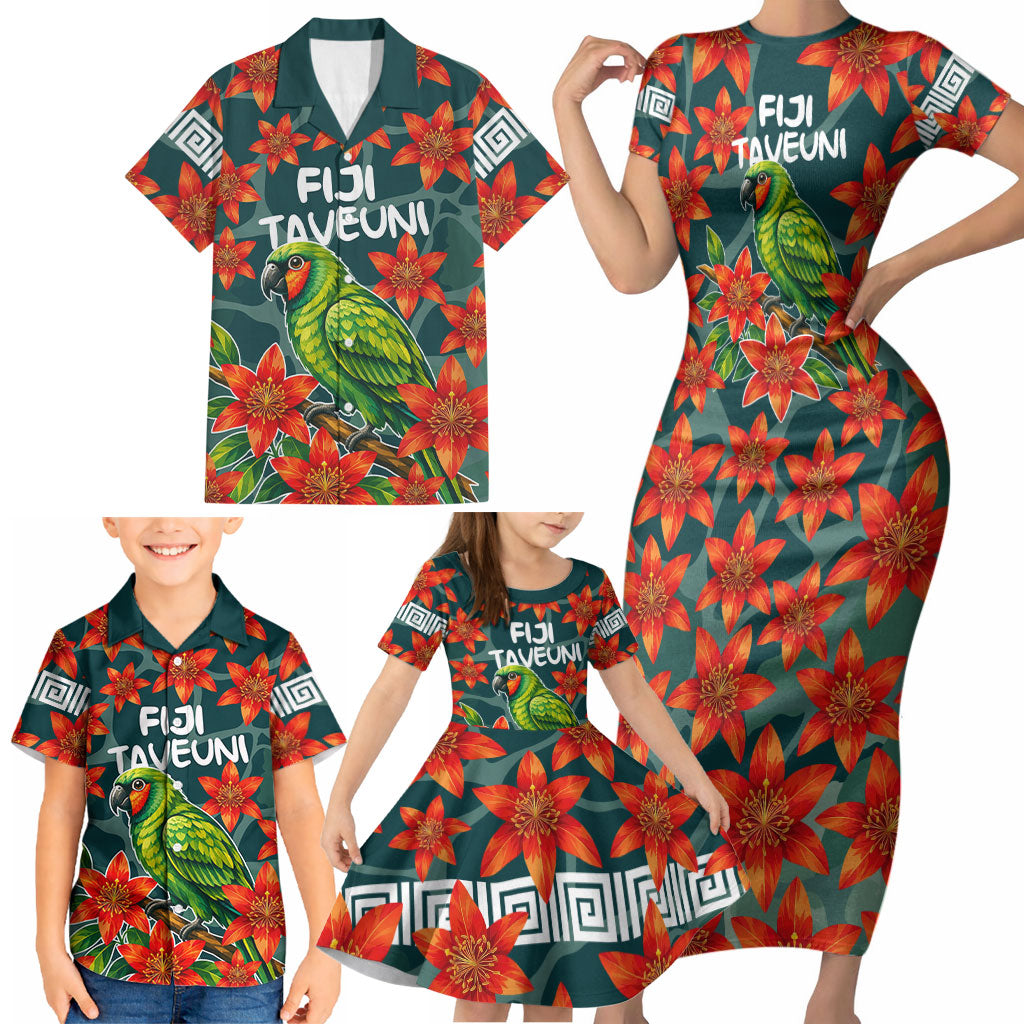 Fiji Taveuni Parrot Family Matching Short Sleeve Bodycon Dress and Hawaiian Shirt Tropical Waterfall Landscape With Floral Tribal Pattern TS04 - Polynesian Pride