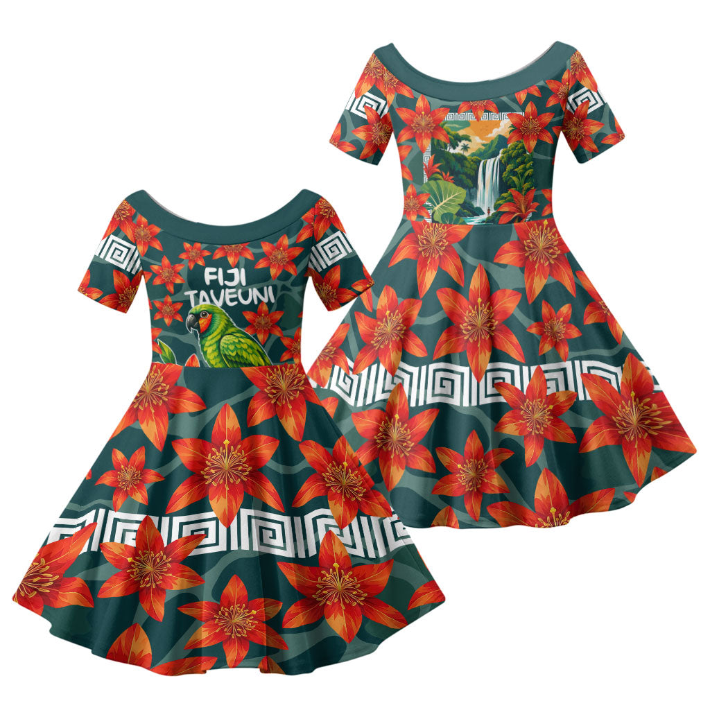 Fiji Taveuni Parrot Family Matching Short Sleeve Bodycon Dress and Hawaiian Shirt Tropical Waterfall Landscape With Floral Tribal Pattern TS04 Daughter's Dress Green Orange - Polynesian Pride