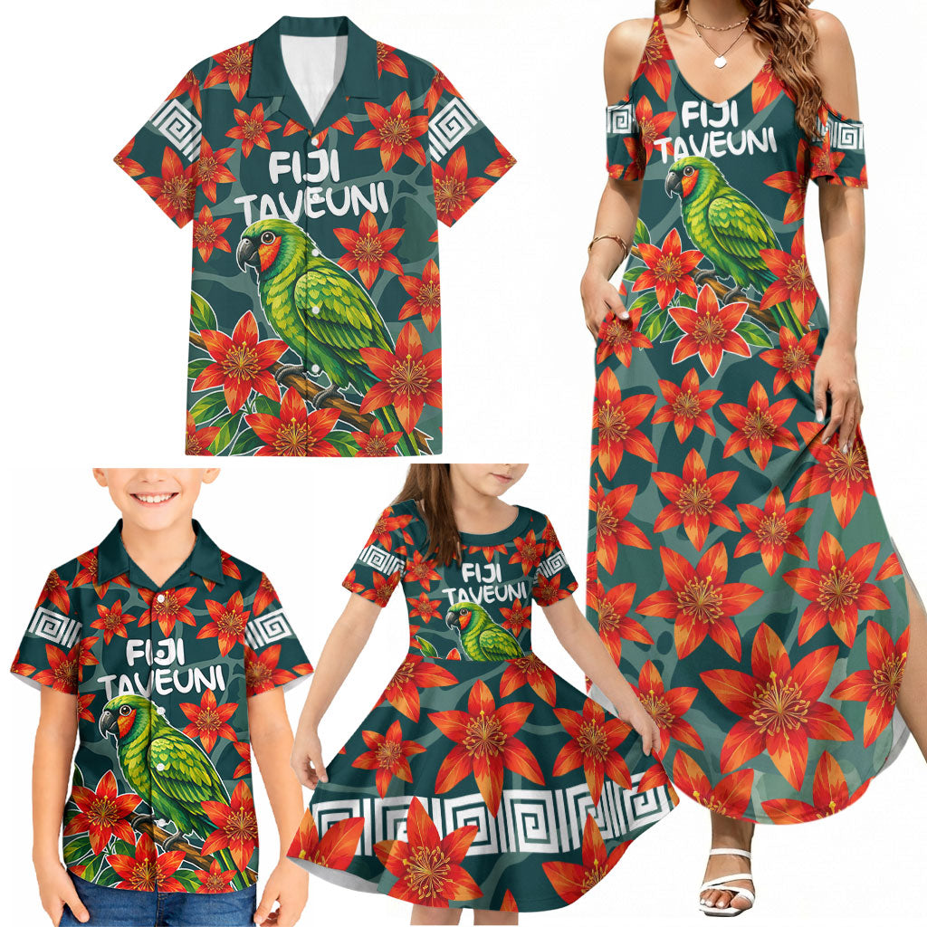 Fiji Taveuni Parrot Family Matching Summer Maxi Dress and Hawaiian Shirt Tropical Waterfall Landscape With Floral Tribal Pattern TS04 - Polynesian Pride