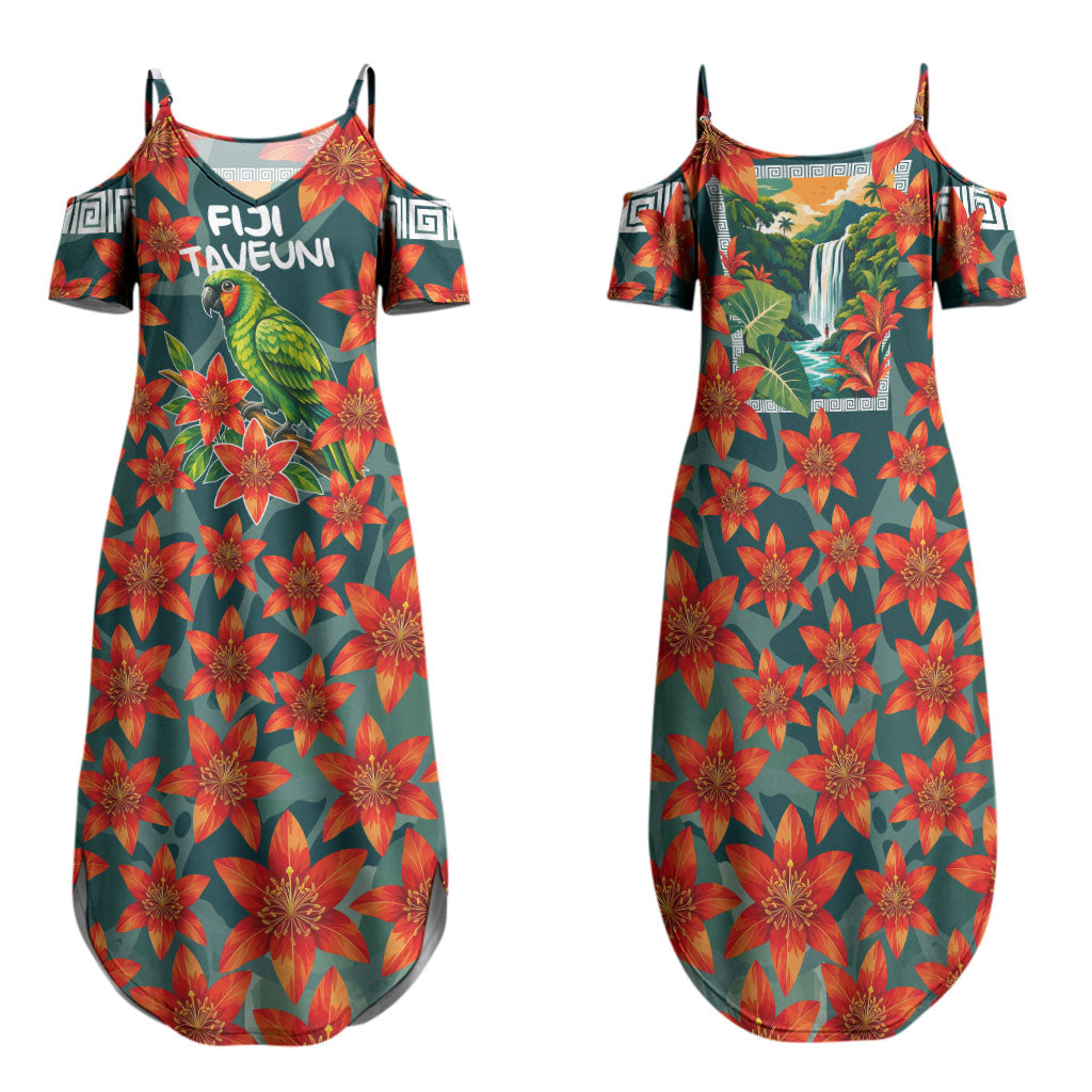 Fiji Taveuni Parrot Family Matching Summer Maxi Dress and Hawaiian Shirt Tropical Waterfall Landscape With Floral Tribal Pattern TS04 Mom's Dress Green Orange - Polynesian Pride
