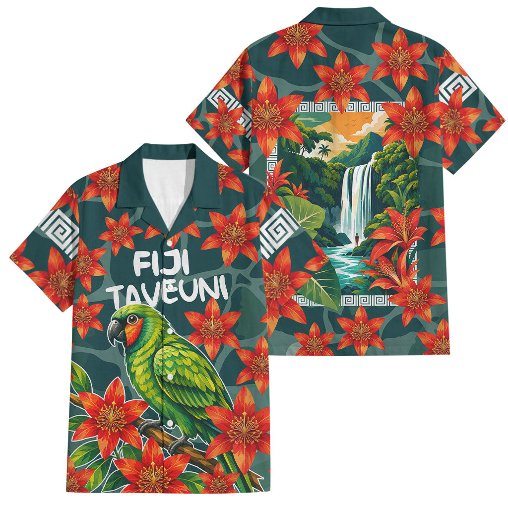 Fiji Taveuni Parrot Family Matching Tank Maxi Dress and Hawaiian Shirt Tropical Waterfall Landscape With Floral Tribal Pattern TS04 Dad's Shirt - Short Sleeve Green Orange - Polynesian Pride