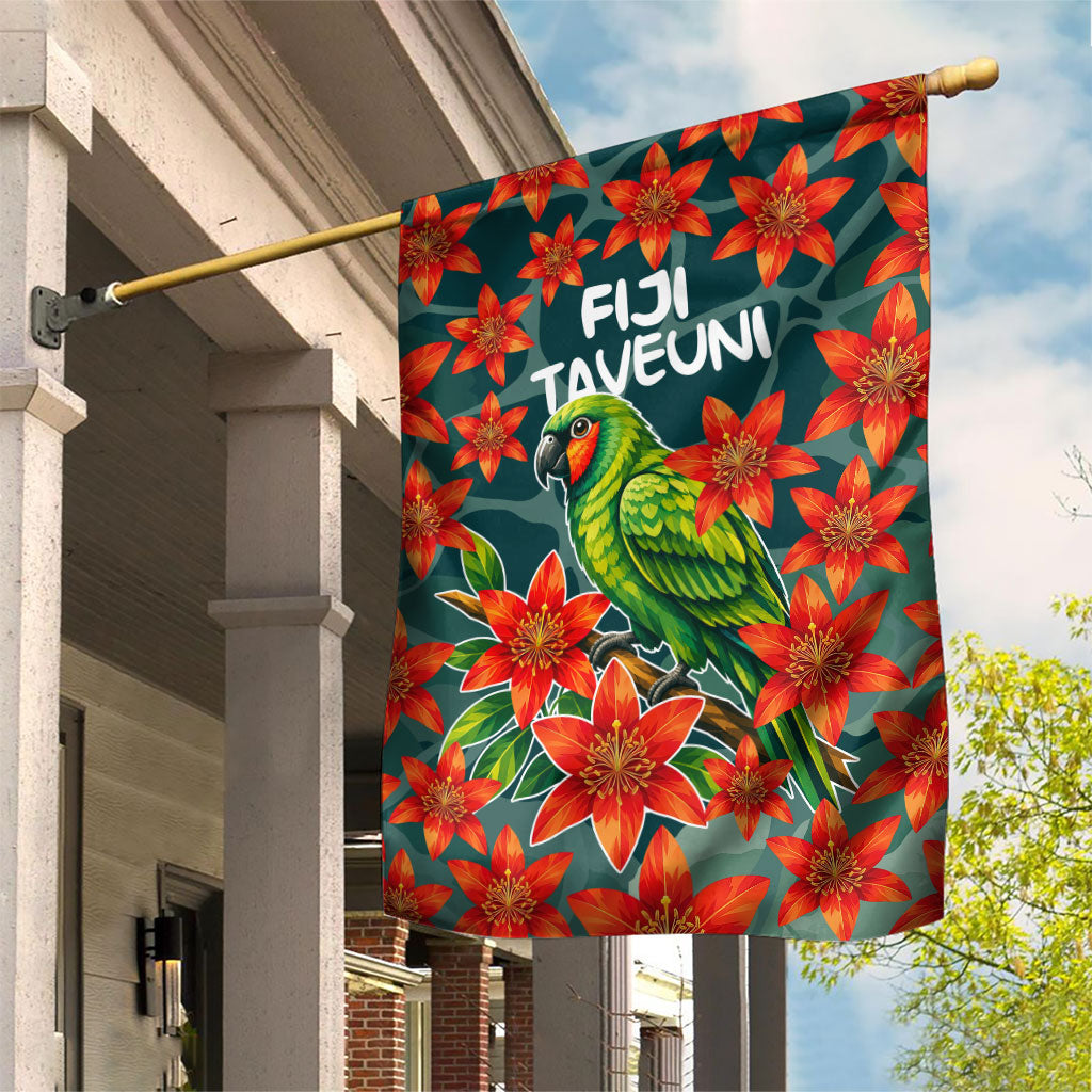 Fiji Taveuni Parrot Garden Flag Tropical Waterfall Landscape With Floral Tribal Pattern TS04 House Flag Green Orange - Polynesian Pride