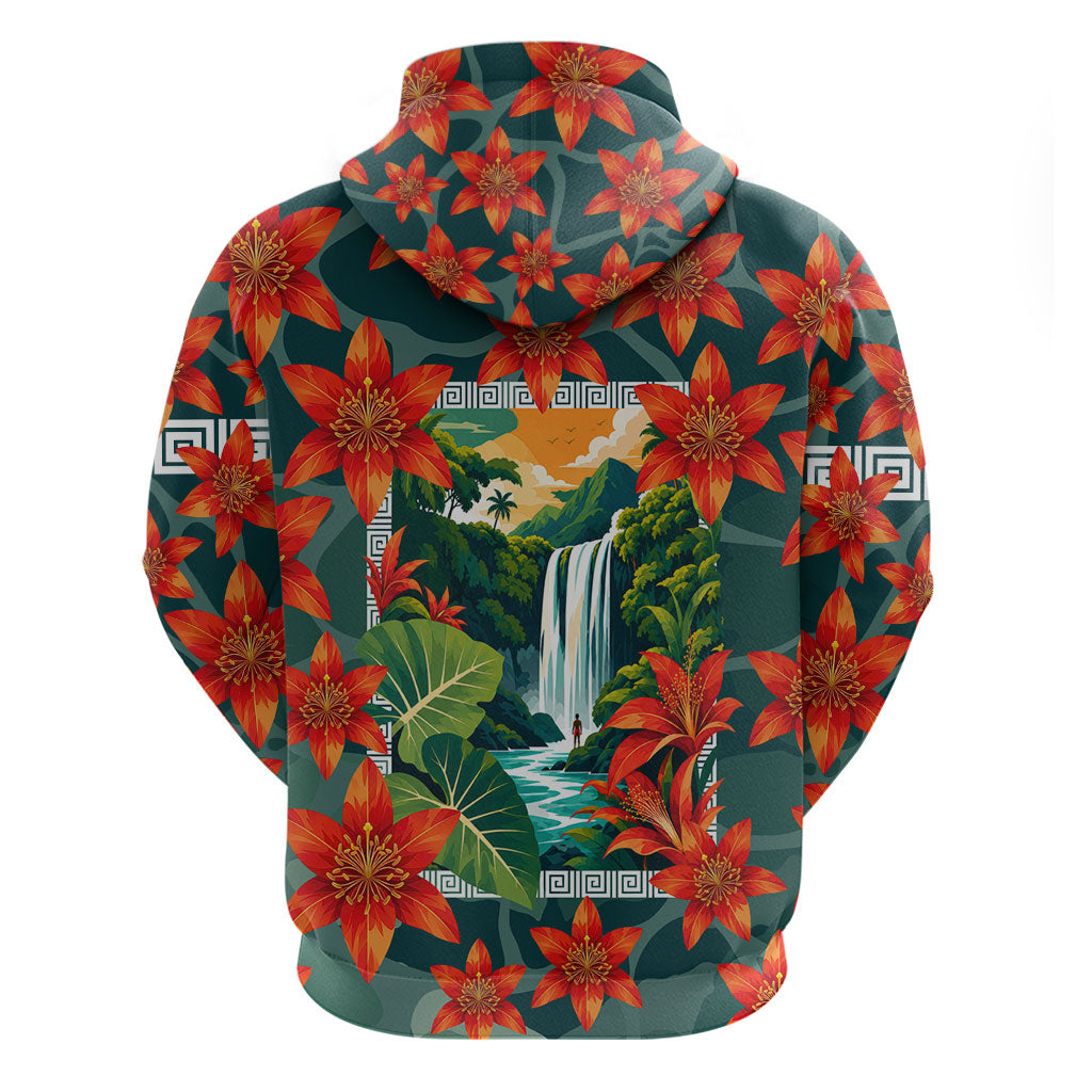 Fiji Taveuni Parrot Hoodie Tropical Waterfall Landscape With Floral Tribal Pattern TS04 - Polynesian Pride