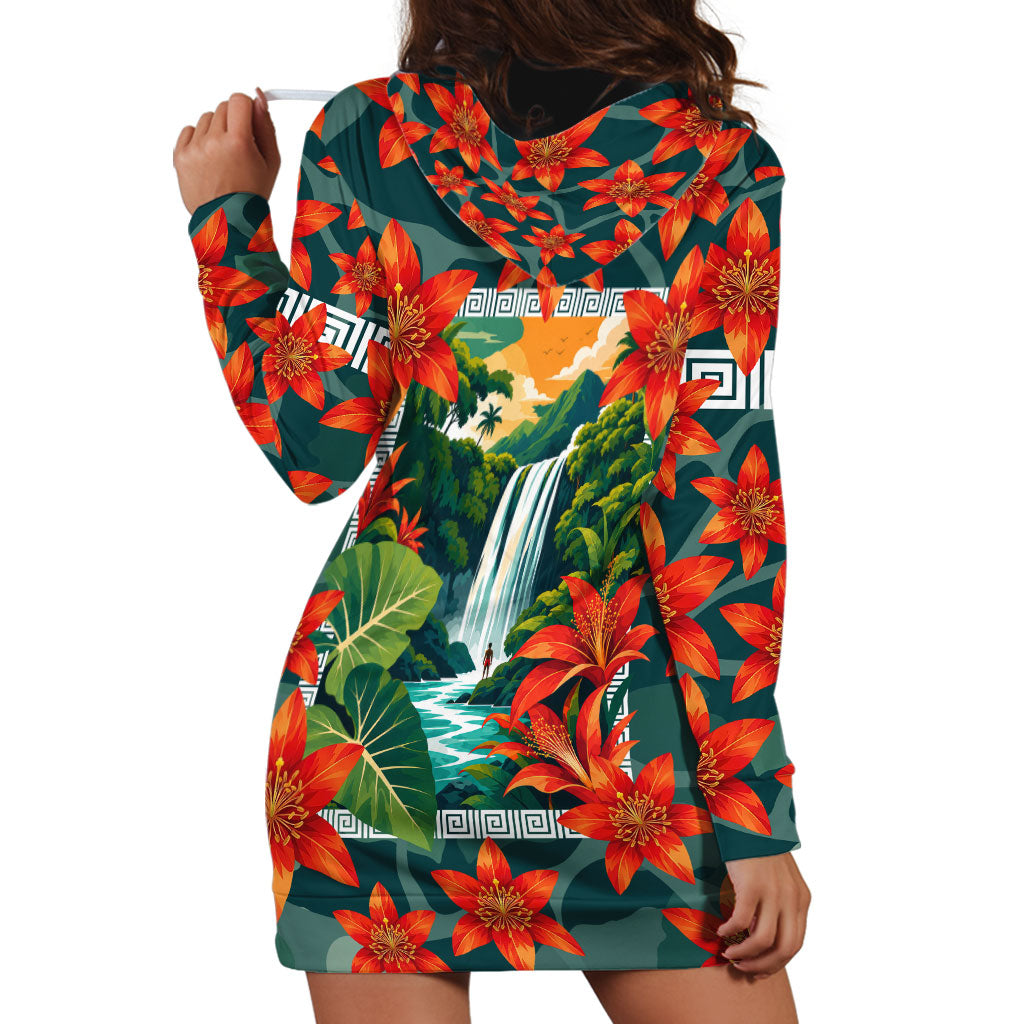 Fiji Taveuni Parrot Hoodie Dress Tropical Waterfall Landscape With Floral Tribal Pattern