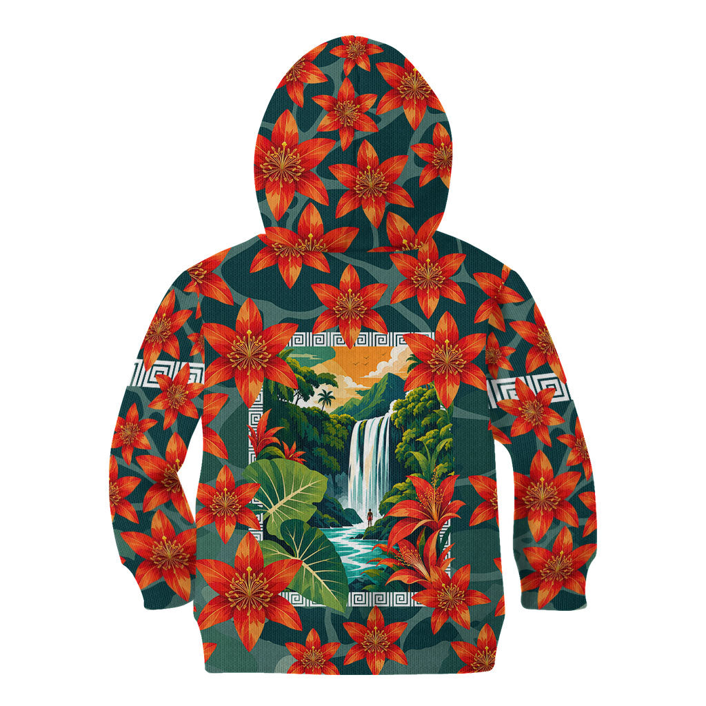 Fiji Taveuni Parrot Kid Hoodie Tropical Waterfall Landscape With Floral Tribal Pattern TS04 - Polynesian Pride